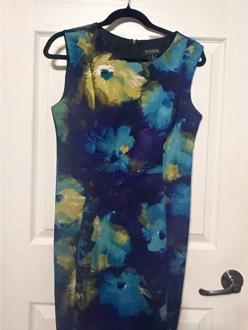Sleeveless Navy Midi Dress with Teal & Yellow Floral Brushstrokes